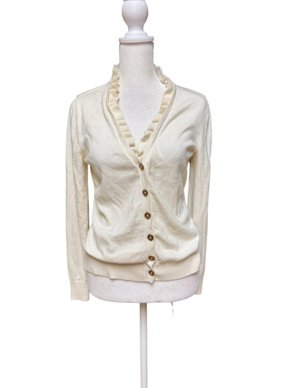 Lauren Ralph Lauren Silk Cashmere Cotton Ruffle Cardigan Small Ivory